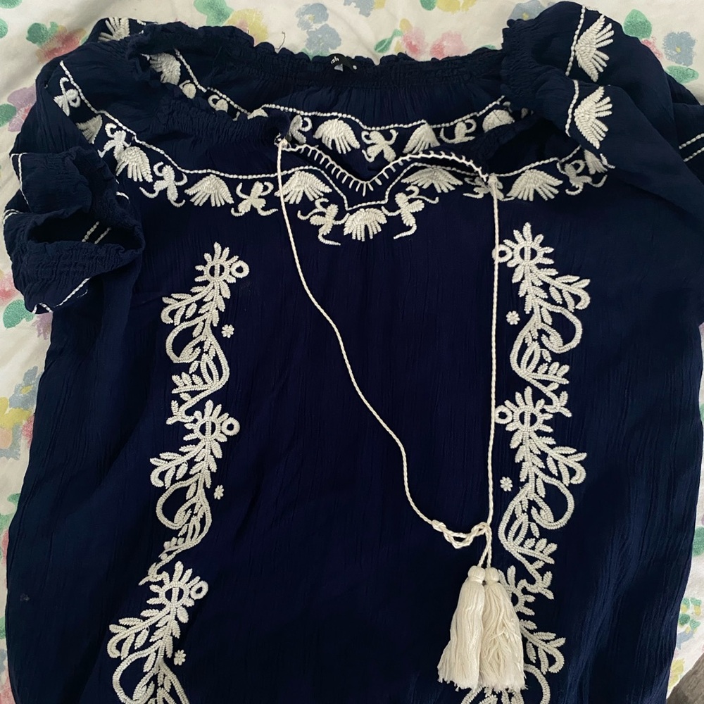 Navy Blue Embroidered Women's Top